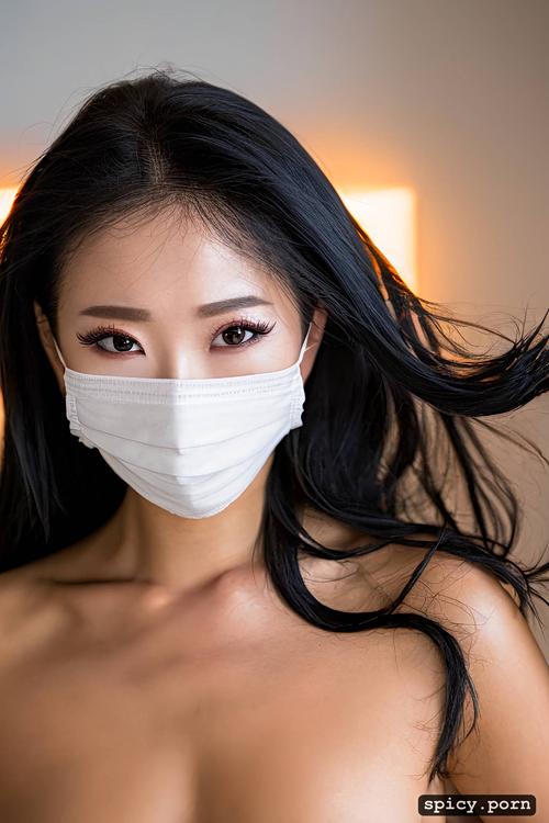 perfect body, chinese, cute, face mask, long black hair, realistic