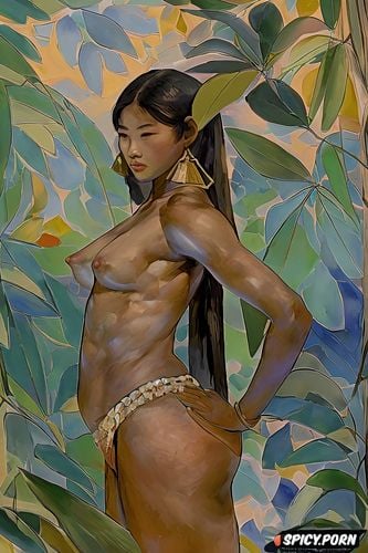 very long torso, topless, detailed face, fauvism, wide hips