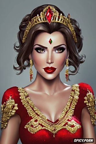 masterpiece, k shot on canon dslr, mercy overwatch beautiful face milf flowing low cut red ballgown gold and ruby tiara pouty portrait