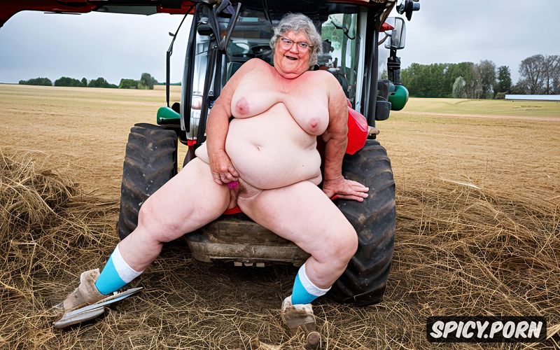 disgusting horrible whore, short fat legs, topless, sitting on a tractor in an agricultural field