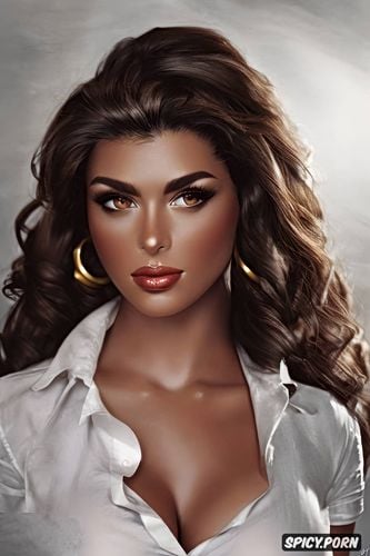 ultra detailed, ultra realistic, female waitress olive skin medium round perky natural breasts long soft brown hair in soft curls brown eyes black pants white shirt shirt unbuttoned soft lights beautiful face portrait