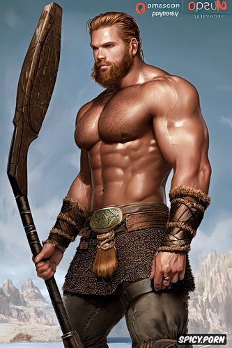 big testicles, long hair, muscular partially nude redhead handsome viking with a thick long flaccid penis