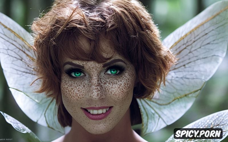 nude, green eyes, fairy wings, smile, in the forest, cute face