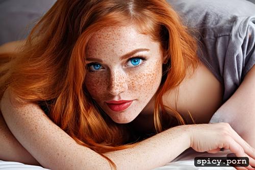 18 years female, pretty face, babydoll, few freckles, on bed