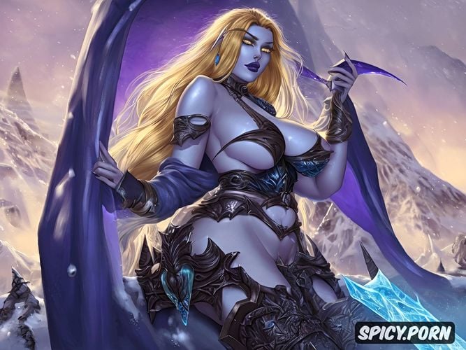 fat huge milky breasts, oiled body, death knight, fit body, blonde hair