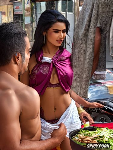 unity 2023 ltr, wide shot, a real life ordinary petite gujarati female street food worker is forcefully ordered by her male owner to undress for the clients revealing her vagina