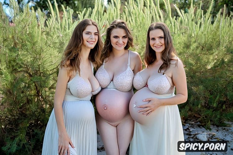 three shy white innocent teen women, rear view, cute, large pregnant belly