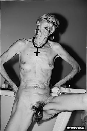 cross necklace, pierced nipples, glasses, extremely skinny, extremely old grandmother