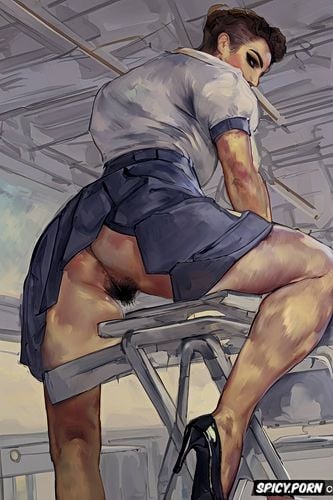 huge ass, cézanne, hands on school desk, high heels, muscular calves
