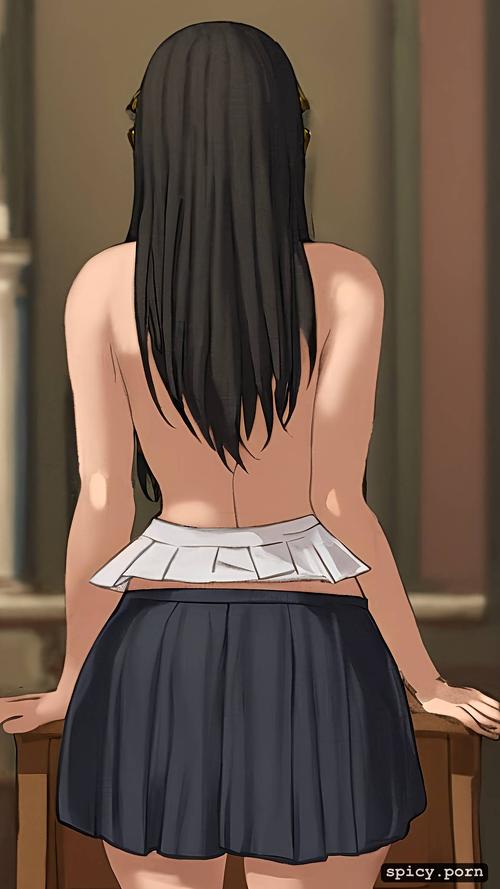 one teen, bending over, long hair, back view, white woman, black mini skirt