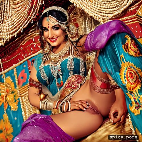 smiling, extremely large breasts, entire breast covered in mehendi