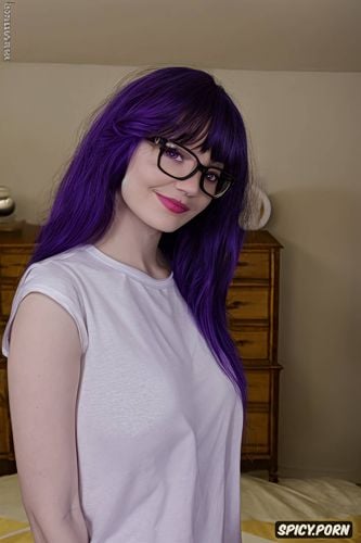 wearing round glasses, detailed and realistic human pussy, small boobs