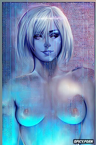 fit, translucent, naked, small tits, smirking, abs, digital blue