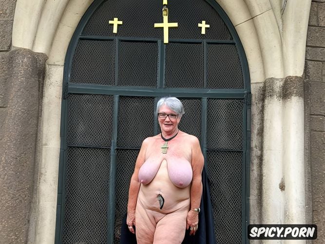 cross necklace, full body nude, stained glass windows, fat, very old granny nun