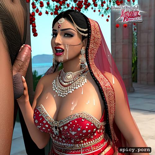 the standing beautiful indian bride in public takes a huge black dick in the mouth and giving blowjob to it