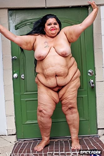 small boobs, dangling belly s skin, rainy day, symmetric, naked short ssbbw mexican granny on threshold steps at home s door