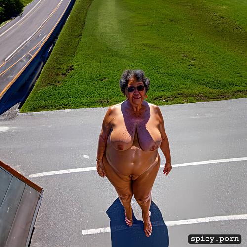 full shot, obese, high angle shot, intricate, shaved spread pussy