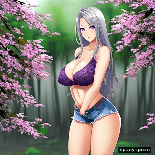 gray hair, pretty naked female, cherry blossom, see through tanktop with underboob