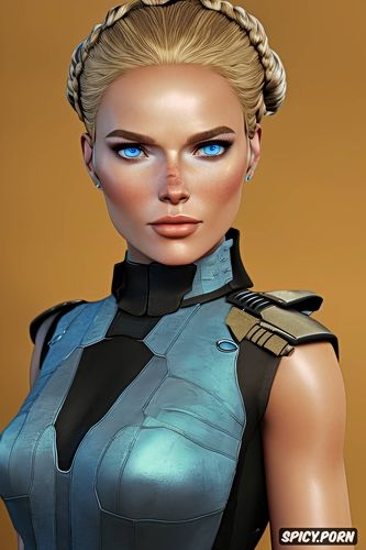 elara dorne star wars the old republic beautiful face pale skin golden blonde hair in a high bun soft blue eyes tight military officer uniform