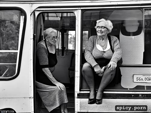 sitting in a bus, chubby, 80yo, granny, saggy tits, teacher
