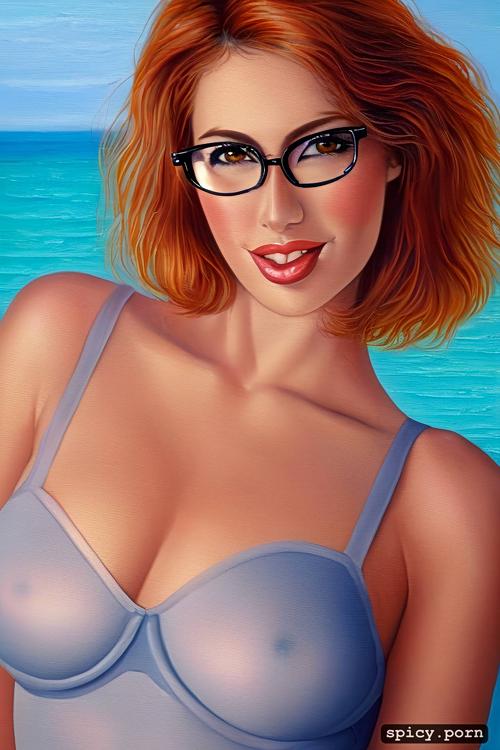 glasses, 40 years, perfect body, exotic lady, ginger hair, bathing