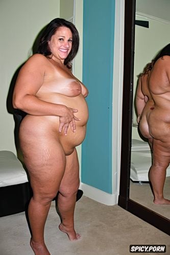 loose saggy skin, tan lines1 3, cellulite, skin blemishes, an old fat portuguese milf standing naked with obese belly