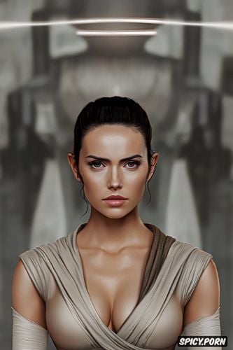 sharp focus, matte, portrait, rey skywalker star wars the force awakens soft brown silk jedi robe robe open small perky firm natural tits beautiful face artstation