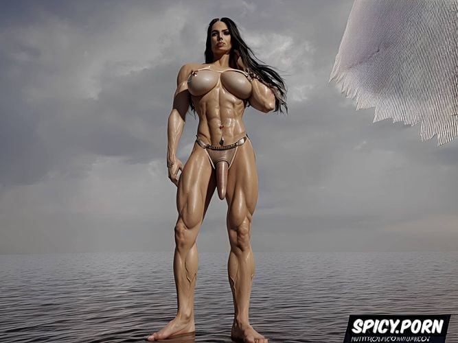 bodybuilder like, naked, very long feet, flashes, oiled body