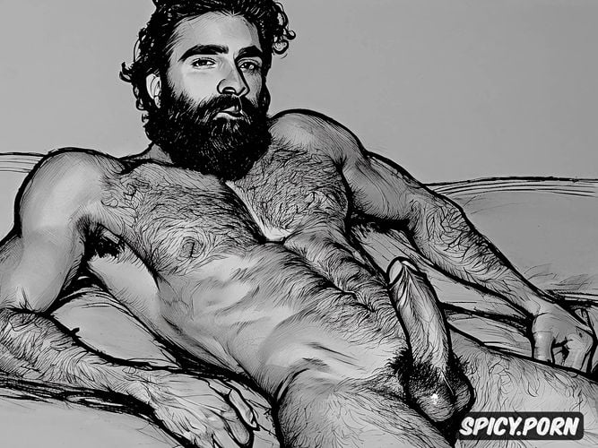 big penis, rough sketch, 35 yo, natural thick eyebrows, rough artistic nude sketch of bearded hairy man