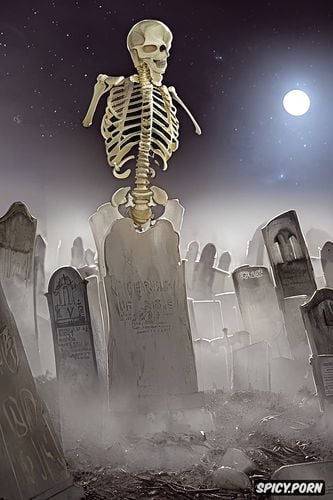 moonlight, haunting human skeleton, some meters away, haunted graveyard at night