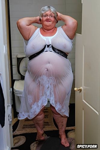 an old fat czech granny, mouth open, wearing a white sheer tight white night gown