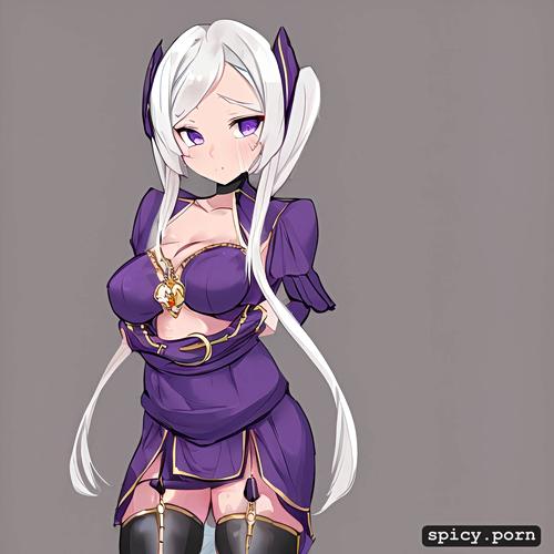 white hair, 3dt, 91tdnepcwrer, chastity belt, silk, purple eyes