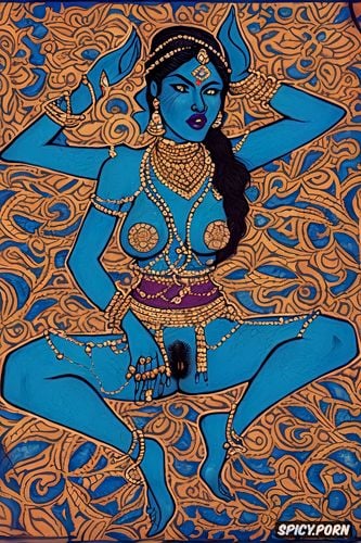 mughal art style, indian cat woman, dark hair in pony tail, black body hair