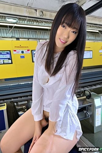 white blouse, blushing, innocent, legs wide open, cute asian