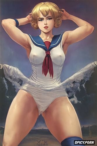 blonde, portrait, spreading legs, pink nipples, sailor school uniform