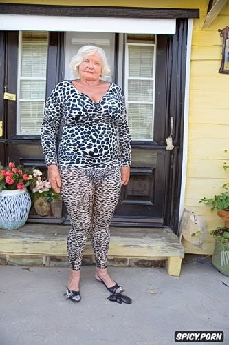 no underwear, standing seventy year old woman, in tight yellow color leggings