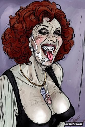 laughing, disheveled red hair, old madwoman, gilf, surrounded by big black dicks