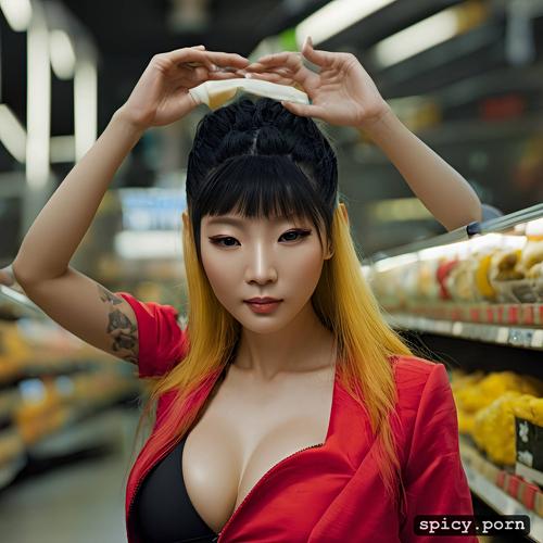 in supermarket, yoga pants, 19 yo, chinese lady, big boobs, yellow hair