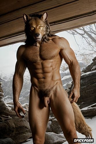 fully nude muscular male werewolf, firm male werewolf body, big dick