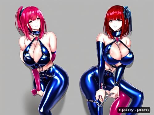 ultra realistic sharp focus bright red hair single white woman blue eyes beautiful face pale skin goth make up bob haircut silky hair shiny hair ultra sharp petite build ultra realistic large boobs wet look latex corset catsuit collar choking gasping shiny metallic tied up bondage straps turned on aroused harness straps ballgag