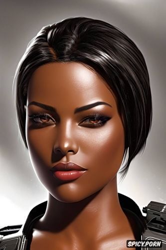 commander shepard mass effect beautiful face dark ebony skin short close cropped black hair soft brown eyes medium round perky natural breasts tight military officer uniform