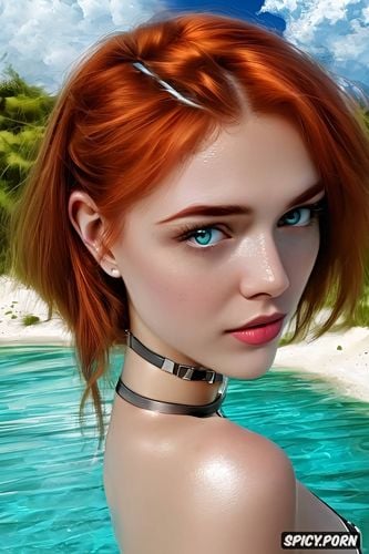 dirty, female teen nude, natural redhead, caught in trap, choker collar