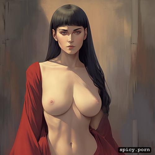 illustration, open red clothing, symmetrical shoulders, sharp focus