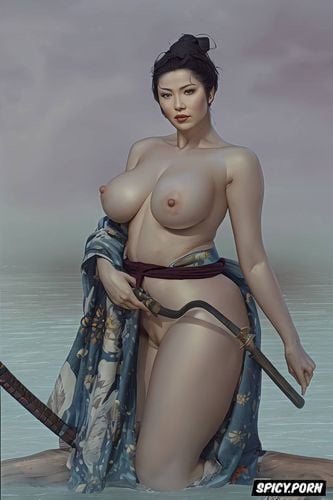 small breasts, old japanese grandmother, samurai sword, fat hips