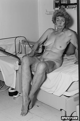 pale wrinkled skin, completely naked demented elderly woman