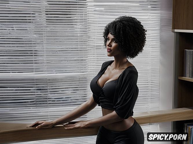 perfect face, long afro, makeup, boob, full shot, featureless gray background