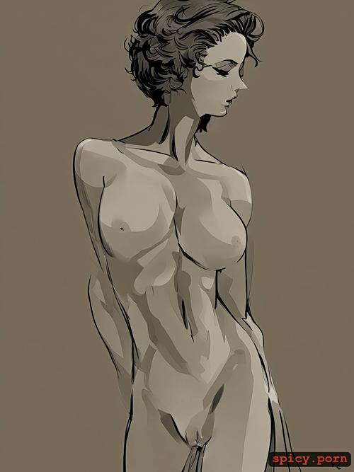 slim body and nice abs, boobs, overcoat, art by pierre yves riveau and da vinci
