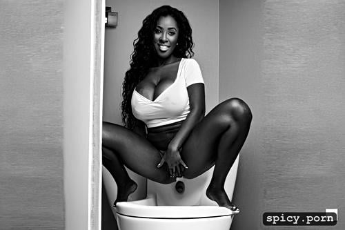 squatting on closed toilet seat, happy face, gorgeous face, crotch easy to see and touch