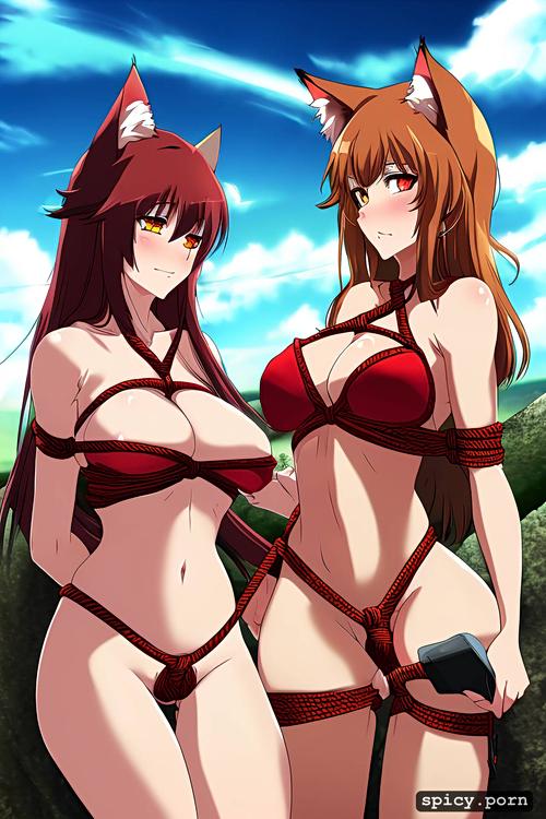 2 wolf women, perfect female body, medium breast size, red and white fur