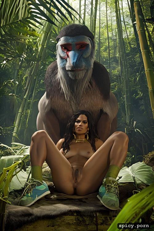 fat thighs, very long neck, fat ass, mandrill, nude, very long arms